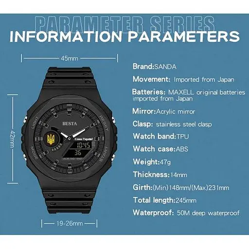 Чоловічий водостійкий тактичний годинник Besta Jocker UA (Чорний) - фото 9