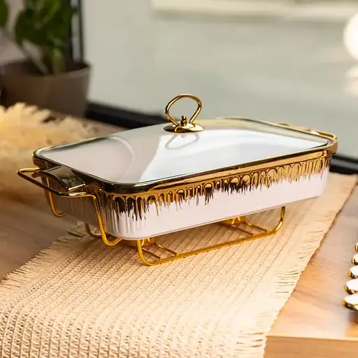 Мармитница фарфоровая Yiwu 1.5 л на золотистой металлической подставке с подогревом 35.5х19х15.5 см с поддержанием температуры ML-860-13 - фото 2