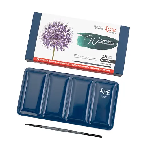 Набір акварельних фарб з пензлем BOTANICAL 28×2.5 мл кювета Індіго металевий пенал Rosa Gallery - фото 2