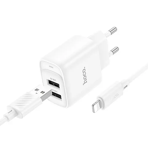 Мережевий зарядний пристрій з кабелем Hoco C141A Smart dual-port charger set(iP) білий - фото 1
