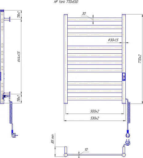 Електрична рушникосушарка HF York 770x530 black matte 6.1.0501.06.BM, Чорний матовий, універсальне (коннектор), Електронний - фото 5