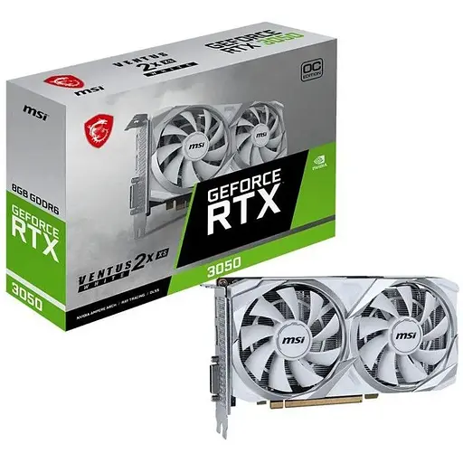 Відеокарта GeForce RTX 3050, MSI, VENTUS 2X XS OC (білий Edition), 8Gb GDDR6, 128-bit, DVI-D/HDMI/DP, 1807/14000 MHz, 6-pin (RTX - фото 1