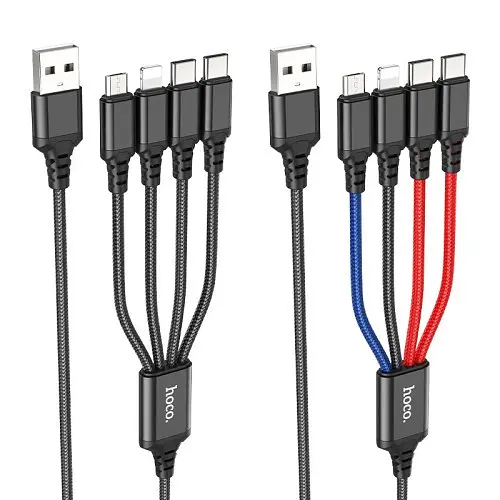 Кабель Hoco X76 4-in-1 Super charging cable(Type-C+Type-C+iP+Micro) 2A/1 м черный - фото 1
