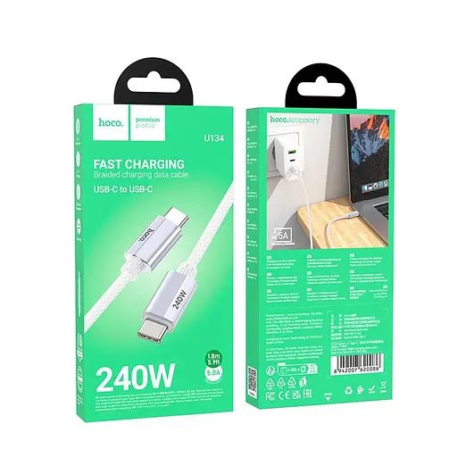 USB кабель Hoco U134 Type-C/Type-C для зарядки і передачі даних 240W довжина 18 м білий - фото 5