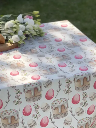 Водоотталкивающая Скатерть пасхальная Кулич 240х120 см (+ 6 салфеток 30х40) Розовый