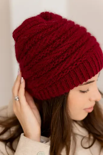 Женская зимняя шапка Венеция из ангоры 80% с двойной вязкой Бордово коричневый - фото 3