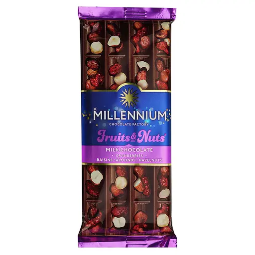 Шоколад молочний Millennium Fruits&Nuts з мигдалем, цілими лісовими горіхами, журавлиною та родзинками 90 г (856195)