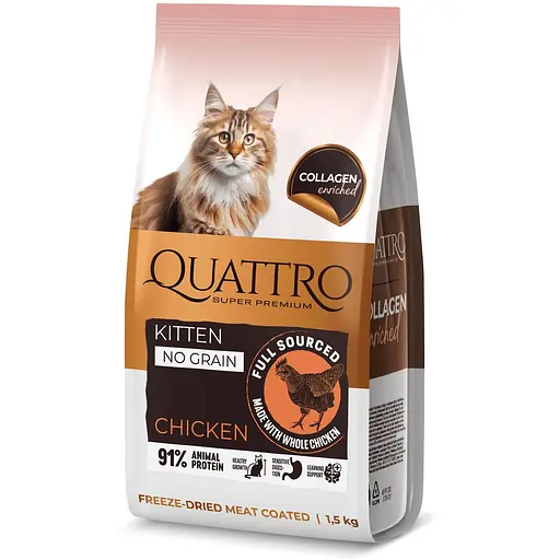 Сухой беззерновой корм Quattro Cat Kitten Chicken для котят с курицей 1.5 кг - фото 1