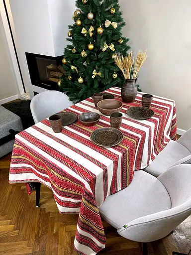 Лляна скатертина різдвяна з українським орнаментом "Грація" - 500х150 см - фото 7