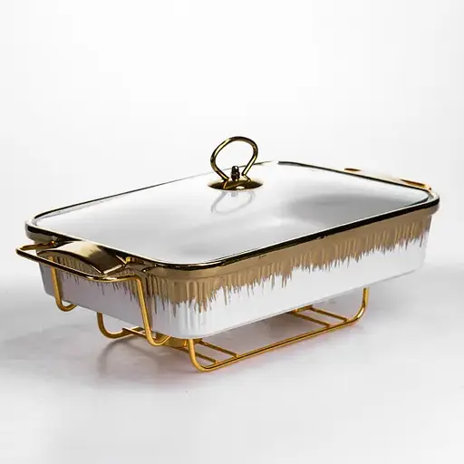 Мармитница фарфоровая Yiwu 2 л на золотистой металлической подставке с подогревом 40х22.5х15.5 см мармит для первых блюд ML-860-15 - фото 4