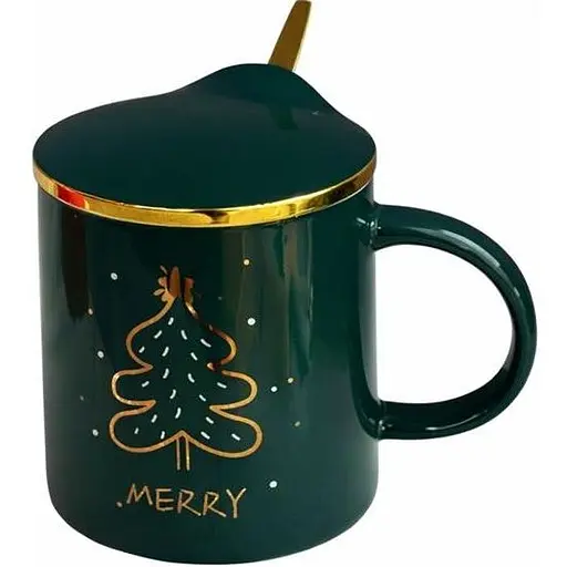 Новорічна кружка Olens 102-1084 Золотий рік керамічна з кришкою і ложкою 370 мл Зелена - фото 1