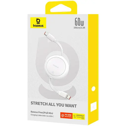 Кабель Baseus Free2Pull Mini Charging Cable USB-C to USB-C 60W 1 м Moon білий - фото 2