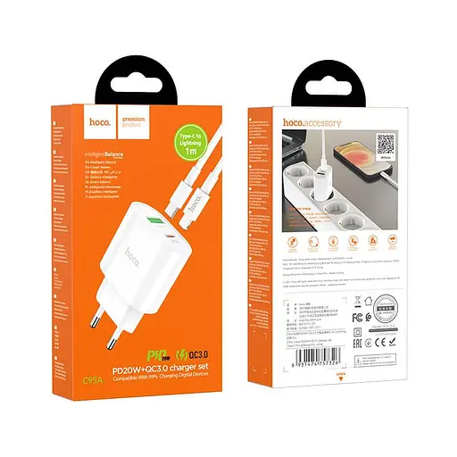 Адаптер мережевий Hoco Type-C to Lightning Cable Lineal C95A |1USB/1Type-C, PD/QC, 20W/3A| - фото 2