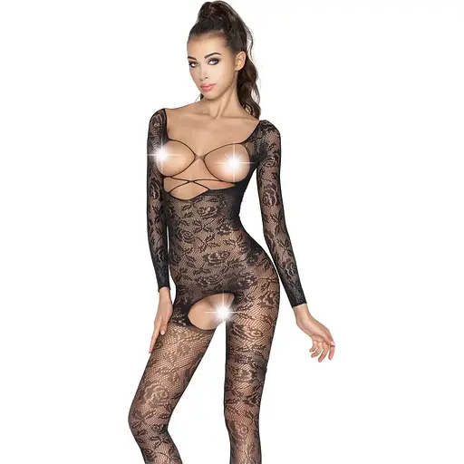 Бодістокінг Passion BS031 Black, комбінезон з відкритими грудьми