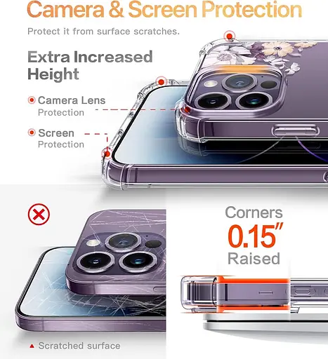 GVIEWIN Призначений для iPhone 14 Pro Max Чохол, Захисна плівка для екрану + Захисна плівка для камери Квітковий ударостійкий - фото 5
