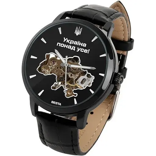 Наручний годинник чоловічий Besta Skeleton UA Black Чорний (3121)