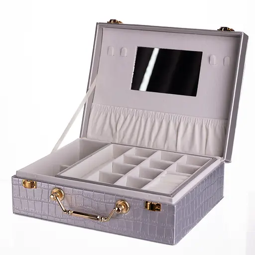 Скринька для прикрас з екошкіри 19 відділень із дзеркалом 23.5×14×8 см органайзер для прикрас Сірий Yiwu HP-5-20G - фото 3