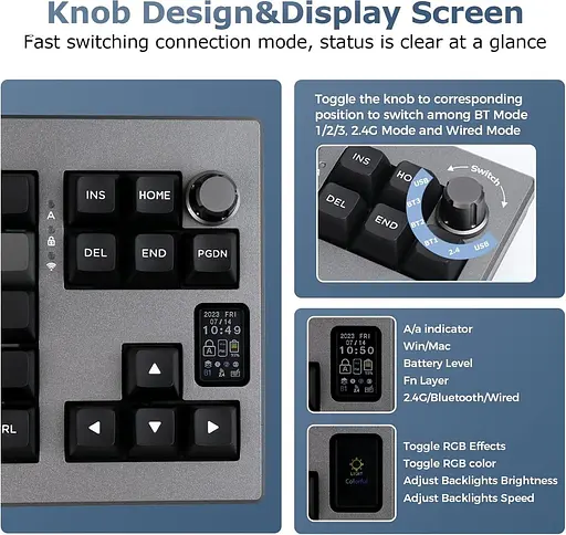 Механічна клавіатура EPOMAKER Shadow-X Gasket, провідна бездротова ігрова клавіатура з екраном та можливістю гарячої заміни, 2,4 Г - фото 3