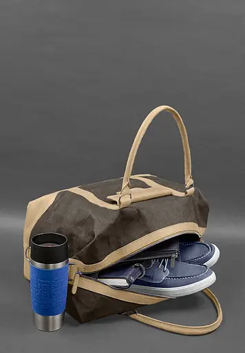 Дорожная сумка из коричневого конваса и натуральной кожи Crazy Horse светло-бежевая - фото 7