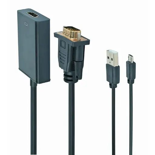 Адаптер VGA (M)-HDMI (F), Cablexpert, Black, 3.5 мм для передачі стереозвуку, USB для живлення (A-VGA-HDMI-01)