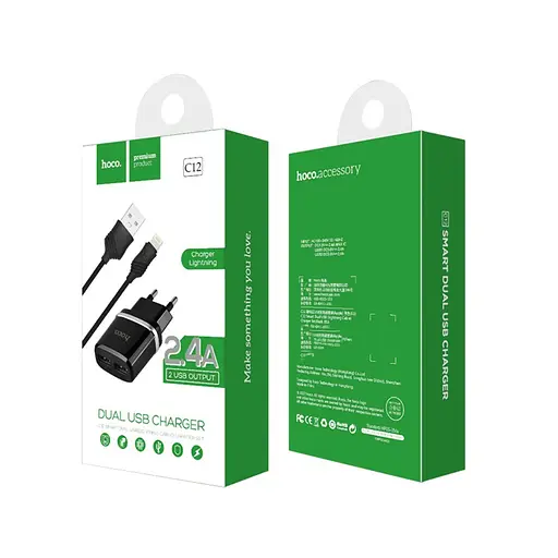 Зарядное устройство Hoco C12 2 USB черный + кабель USB to Lightning - фото 2