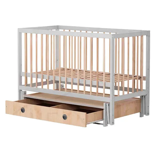 Детская кроватка Сказка с выдвижной палочкой, шарнирным механизмом и ящиком серый с натуральной палочкой