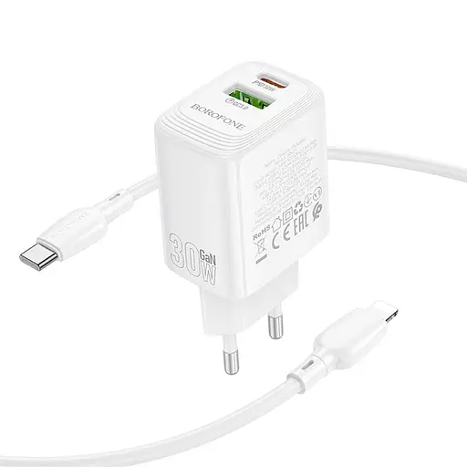 МЗП Borofone BN29 Fuente PD30W+QC3.0 (1USB-A/1C) + кабель Type-C to Lightning White - фото 3