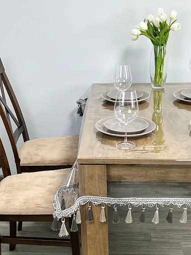 Скатертина силіконова з сіро-молочною бахромою 200х140 см - фото 5