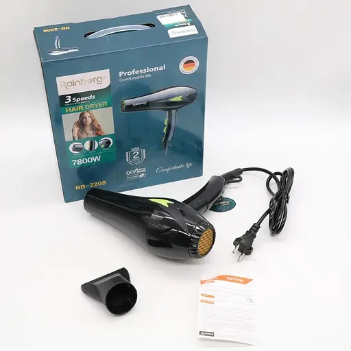 Фен стайлер Rainberg RB-2208 концентратор 3 швидкості 3 режими температури 7800Вт Чорний/Салатовий - фото 8
