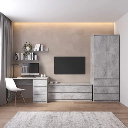 Комплект мебели в гостиную VAYS шкаф R-9, тумба R-6, стол R-1, полки М-22, бетон