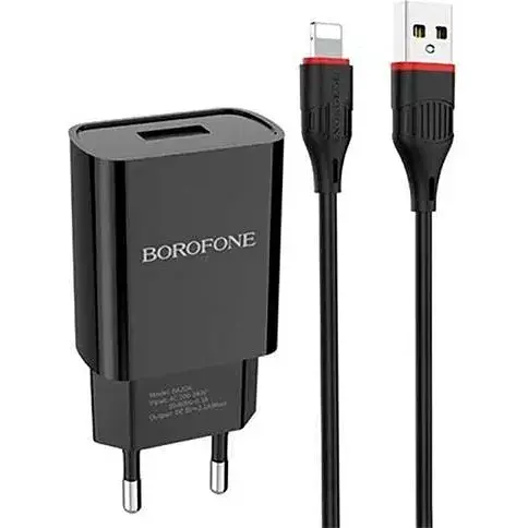 Зарядное устройство для Borofone BA20A 1 USB-порт 2.1 A блок с кабелем для iPhone комплект черный - фото 1