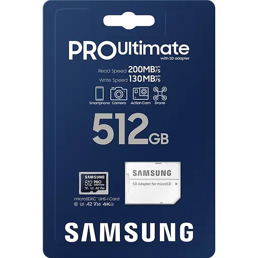 Карта памяти Samsung microSDXC 512GB Class 10 UHS-I U3 V30 A2 PRO Ultimate + SD Adapter (MB-MY512SA) (112858) - фото 8