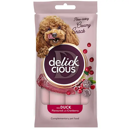 Ласощі кремові для собак Delickcious з качкою та додаванням журавлини 60 г (4х15 г)