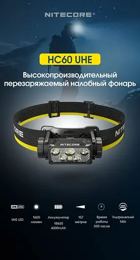 Налобный фонарь Nitecore HC60 UHE USB Type-C 1600лм (10 режимов) с белым и красным светом - фото 7