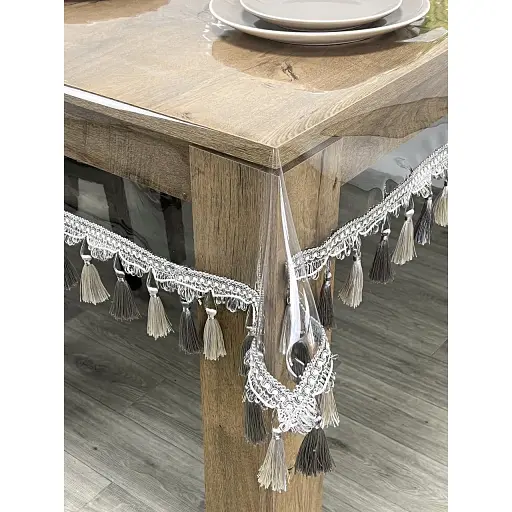 Скатертина силіконова з сіро-молочною бахромою 340х110 см - фото 1