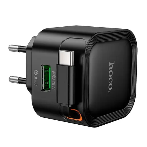 Адаптер сетевой со встроенным USB-C кабелем - HOCO C154A Changer PD charger with telescopic cable 20W черный - фото 2