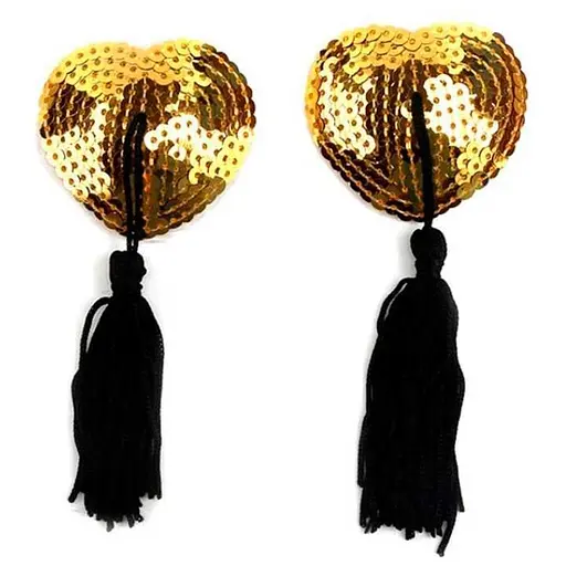 Наклейки на соски с пайетками и кисточками Hearts золотые One Size - фото 1