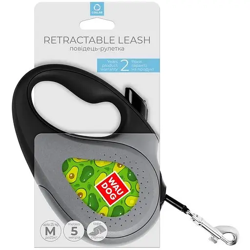 Повідець-рулетка для собак Waudog R-leash, малюнок "Авокадо", M, до 25 кг, 5 м, світловідбиваюча стрічка чорний - фото 4