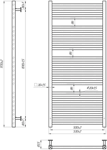 Водяна рушникосушка Mario Гера-Люкс 1170x530/500 1.7.044550.P, Хром, нижнее - фото 3