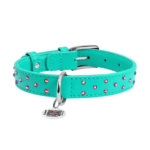 Нашийник для собак шкіряний Waudog Glamour з QR-паспортом з клейовими стразами Ш 25 мм Д 38-49 см ментоловий - фото 3