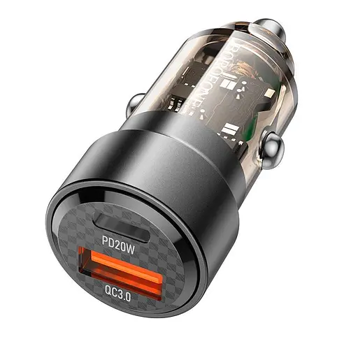 Адаптер автомобильный Borofone Smart dual port car charger BZ20 1USB/1Type-C, 38W/3A, PD/QC| - фото 1