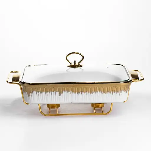 Мармитница фарфоровая Yiwu 2 л на золотистой металлической подставке с подогревом 40х22.5х15.5 см мармит для первых блюд ML-860-15 - фото 1