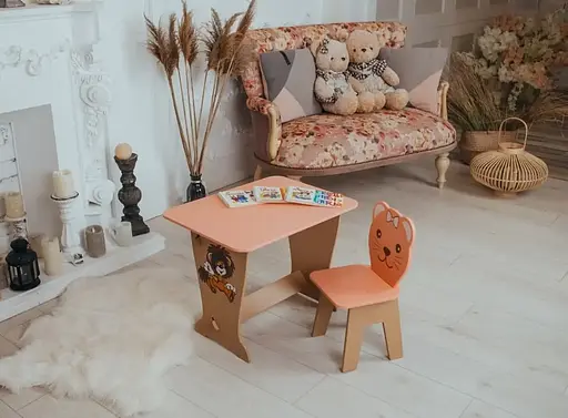 Дитячий стіл парта зі стільчиком для малювання та навчання (Персиковий) Левеня - фото 3