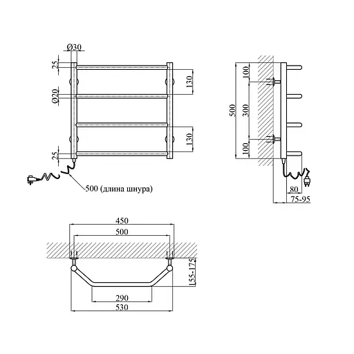 Полотенцесушитель электрический Kroner Трапеция ДТ06EL 500x500/4 EL CV026135, Хром, Левое - фото 2