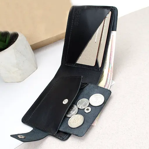 Кожаный кошелек мужской HC-0043-2 черный глянцевый с гербом Украины на кнопке - фото 5