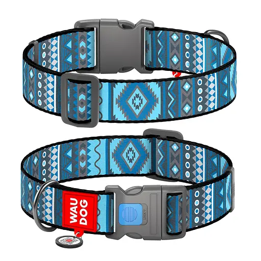 Ошейник для собак нейлоновый Waudog Nylon с QR-паспортом "Этно синий" пластиковый фастекс XXL Ш 35 мм Д 46-70 см