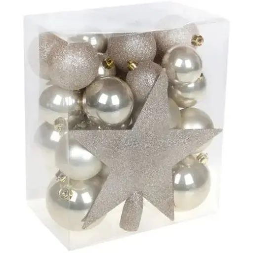 Набір ялинкових куль різних розмірів з верхівкою Зірка 20 см колір Шампань 29 шт - фото 1