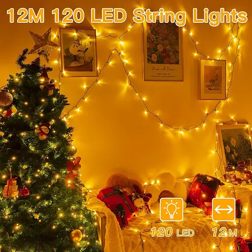 Уличные рождественские сказочные огни - 12 м 120 теплых светодиодов, подключаемый/удаленный/таймер, вечеринка в помещении - фото 4