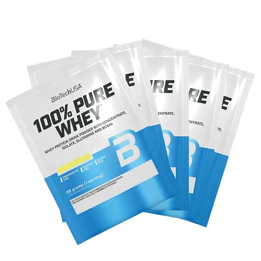 Набір протеїну BiotechUSA 100% Pure Whey: Strawberry + Cookies & Cream + Banana + Bourbon Vanilla  + Rice Pudding  140 г (5 шт. 28 г)