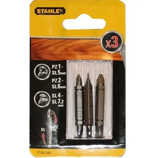 Набір біт Stanley двостороння Pozidriv, Slotted, Pz1-SL5, Pz2-SL6, SL4-SL7.2 L=48 мм 3 шт. блістер (STA61380) - фото 1